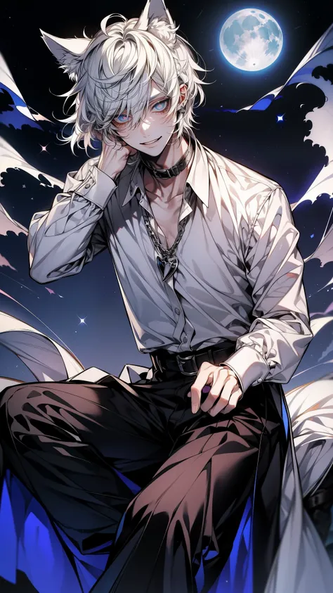 (masterpiece), (Highestクォリティ), Very detailed, (One man, solo, alone), Perfect Face, Beautiful Face, Very detailedな顔，(white-haired man)，(wolf ears)、shirt、Highest、(multi-colored eyes, heterochromia eyes, beautiful eyes), loose white shirt, black chain collar...