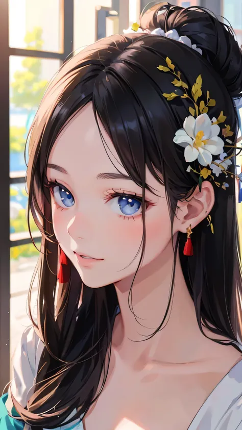 a close up of a woman with long hair wearing a flower headpiece, stunning anime face portrait, cute natural anime face, beautiful anime portrait, beautiful anime face, chinese girl, beautiful anime girl, lovely delicate face, realistic young anime girl, ch...