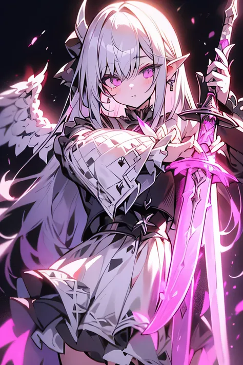 white gothic lolita angel of punishment, long white hair, dark female elf, purple eyes, 4 wings, (((((holding a long sword))))), mature, slim, tall, (best quality,4K,8K,mackerel,masterpiece:1.2),very detailed,(realistic,photorealistic,photo-realistic:1.37)...