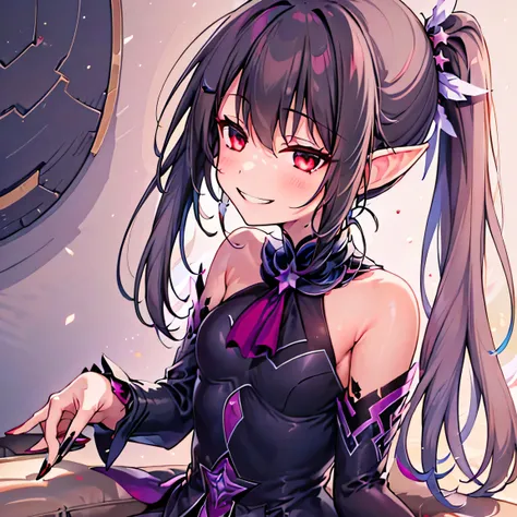 (masterpiece, best quality:1.2), 1 girl, alone，a short ponytail，Star hairpins and black feather hairpin，nail art，evil smile, dark female elf,