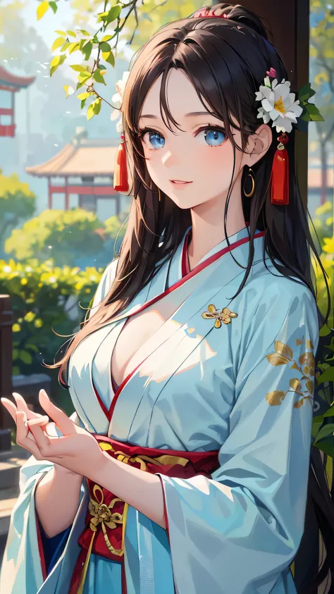 a woman in a blue dress is posing for a picture, japanese goddess, palace ， a girl in hanfu, chinese girl, beautiful alluring anime woman, seductive anime girl, attractive anime girl, chinese dress, beautiful anime woman, with acient chinese clothes, beaut...