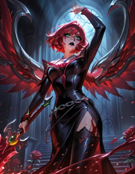 (masterpiece), best quality, expressive eyes, perfect face,  blood mage girl, white skin, green eyes, short red hair, bangs, long black bodycon dress, slick, black lips, silver pendant,((a red wing on the left side of the back)) red angel wings, silver cha...