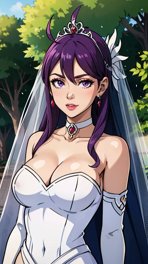 1girl ,ivy fe, purple hair , long hair,purple eyes ,earrings ,lipstick, eye shadow, makeup, hair between eyes, ahoge, hair ornament, gloves, dress, cleavage, bare shoulders, collarbone, white elbow gloves, white gloves, white dress, strapless, white choker...