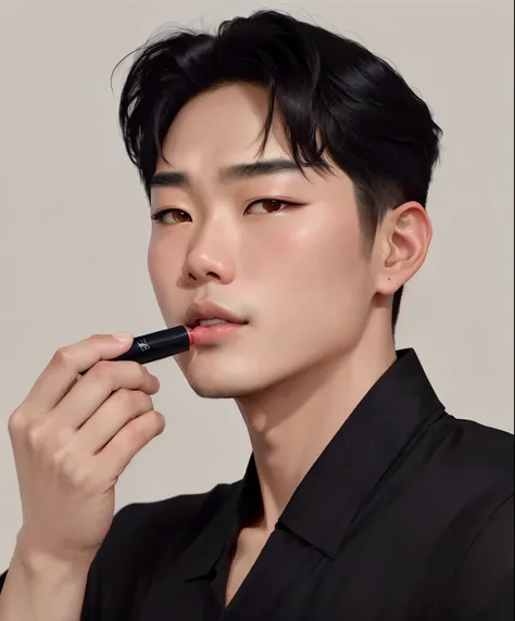 Asian man in black shirt applying a pinky lip balm, lipstick with color, bare face without makeup, a bit smaller eyes, uneven skin tone, medium skin tone, a bit of pores and bumps on skin, average south korean male