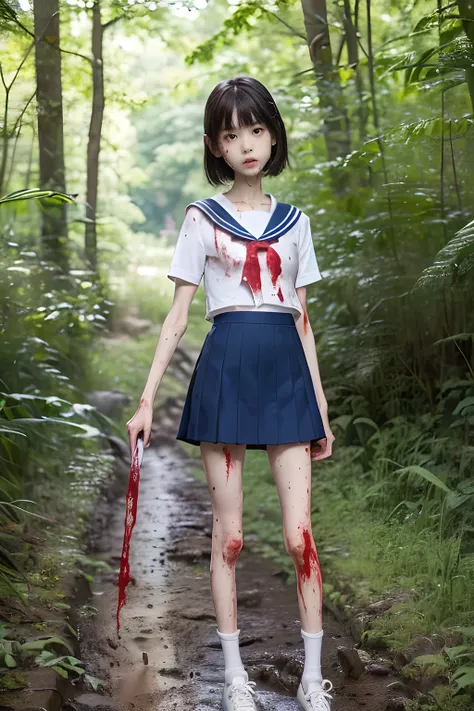 (8K、RAW Photos、highest quality、masterpiece:1.2), (Realistic、Photorealistic:1.2), (High resolution skin:1.2), Beautiful young girl,japanese,small breasts,(Slender girl:1.4),(Thin legs:1.4),dark blue mini skirt,sailor suit, (White socks), Short sleeve,sneake...