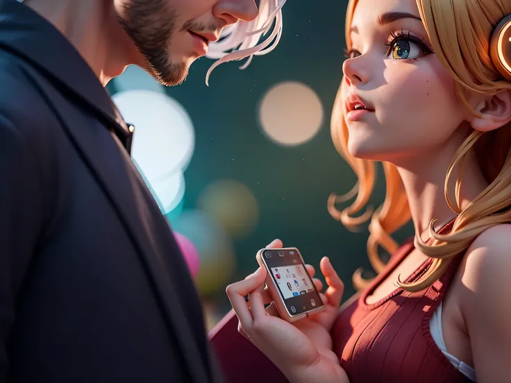 there is a man and a woman that are looking at each other, screenshot from a movie, tv commercial, youtube video screenshot, very attractive, bokeh top cinematic lighting, attractive girl, still from a movie, still from a music video, champagne commercial,...