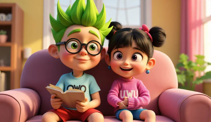 The style is 3D pixar animation with a vibrant color palette, in 3 D animation image of a cute and nerdy , with big round glasses, wearing a light blue t-shirt with "owo" printed on it, red shorts, and spiky bright green hair , barefoot, sedang duduk di ru...