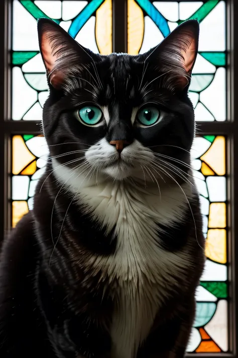 a close up of a  stained glass picture of a Ragdoll cat, black and white cat,  stained glass art, masterpiece  stained glass, glowing  stained glass backdrop, intricate  stained glass,  stained glass, maxim verehin  stained glass,  stained glass,  stained ...