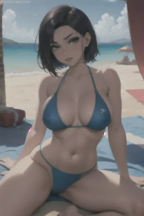 Beautiful girl with short hair wearing blue  ,sosteniendo a su bebé amamantando lo con sus enormes pechos en la playa 🏖️👙( Animated style )