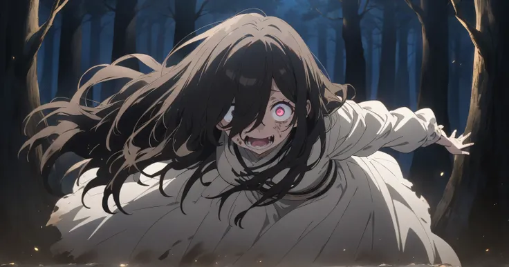 Night Forest　 dark-haired girl 　Tattered and dirty white clothes　Standing still　 Key Visuals 　anime　 anime keyvisual, crazy eyes, long hair, hair over one eye, feet out of frame,