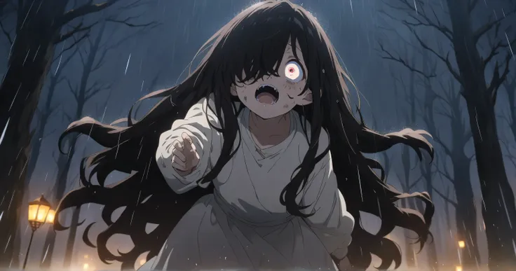 Night Forest　 dark-haired girl 　Tattered and dirty white clothes　Standing still　 Key Visuals 　anime　 anime keyvisual, crazy eyes, long hair, hair over one eye, feet out of frame, with rain,