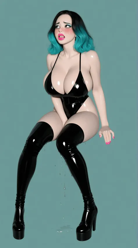 master piece:1.5、(minimal art, line drawing), asian teen, teal hair, goth、teal eyeshadow, pink lipstick, big breasts, cleavage, sexy, submissive, thigh highs, latex boots, red latex lolita dress、red and black world, silence、An ennui look、Densely drawn, sit...