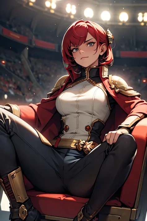  warhammer 40k , human, inquisitor Girl，Sitting，spread her legs to the audience, show pants,Looking up