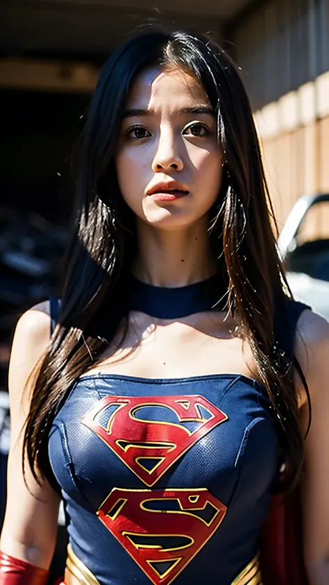 Supergirl, Beautiful Supergirl, Height : 152 CM, 4 feet 11 inches, Supergirl petite body, 30 years old, Supergirl Trapped in the rubble of a destroyed building burning hot fire, midday, supergirl costume, long hair, hair bangs, Supergirl was sweating profu...