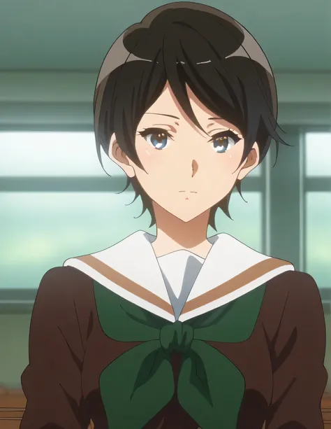 score_9, score_8_ up, score_7_ up, score_6_ up, score_5_ up,  Source_Anime, rating_safe, medium breasts,  One girl , Alone, indoor, classroom,  medium breasts, suzuki mirei ,  Shorthair, Eyebrow hair,  blue eyes,  school uniform, Sera Clothing, Brown unifo...