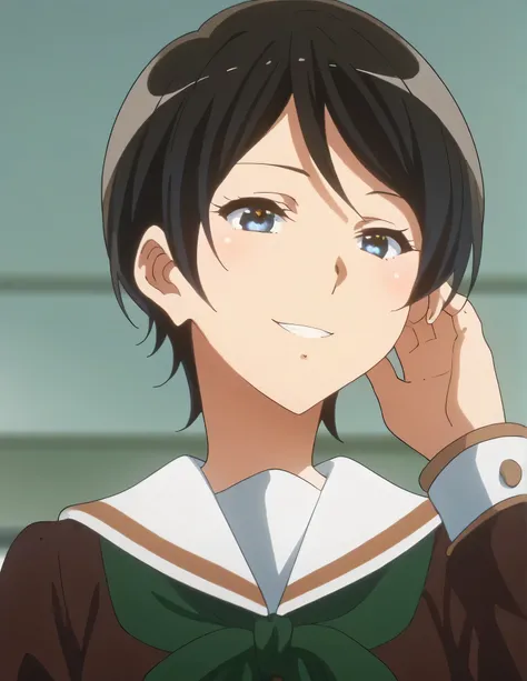 score_9, score_8_ up, score_7_ up, score_6_ up, score_5_ up,  Source_Anime, rating_safe, medium breasts,  One girl , Alone, indoor, classroom,  medium breasts, suzuki mirei ,  Shorthair, Eyebrow hair,  blue eyes,  school uniform, Sera Clothing, Brown unifo...