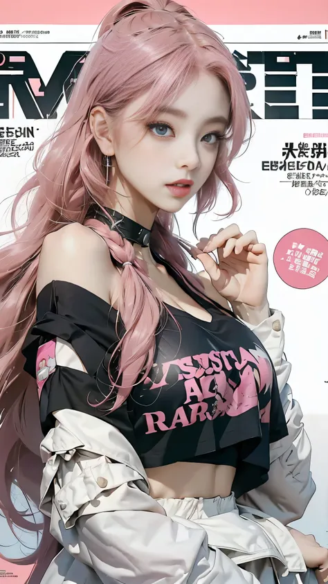 Highest quality, Masterpieces, High resolution, One girl, Super beautiful face, Very beautiful eyes, Very beautiful pink hair，(Magazine Cover:1.2)，Trendy Harajuku-style rock fashion，Expose your shoulders, Emphasized Super huge Very huge , I can see her cle...