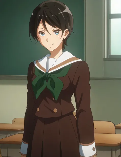 score_9, score_8_ up, score_7_ up, score_6_ up, score_5_ up,  Source_Anime, rating_safe, medium breasts,  One girl , Alone, indoor, classroom,  medium breasts, suzuki mirei ,  Shorthair, Eyebrow hair,  blue eyes,  school uniform, Sera Clothing, Brown unifo...