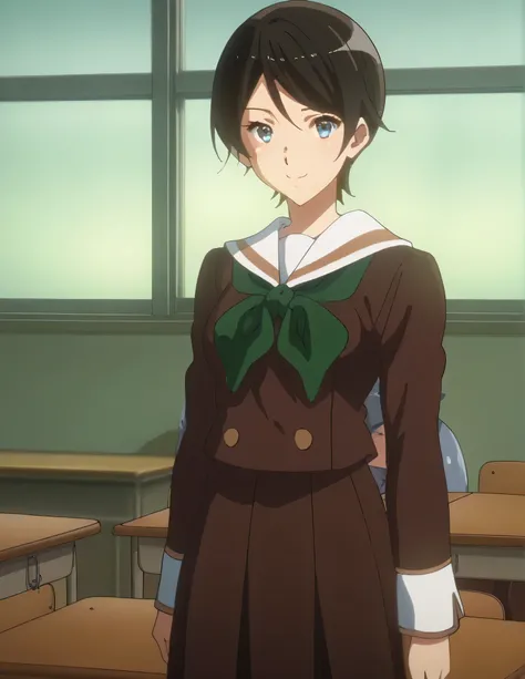 score_9, score_8_ up, score_7_ up, score_6_ up, score_5_ up,  Source_Anime, rating_safe, medium breasts,  One girl , Alone, indoor, classroom,  medium breasts, suzuki mirei ,  Shorthair, Eyebrow hair,  blue eyes,  school uniform, Sera Clothing, Brown unifo...