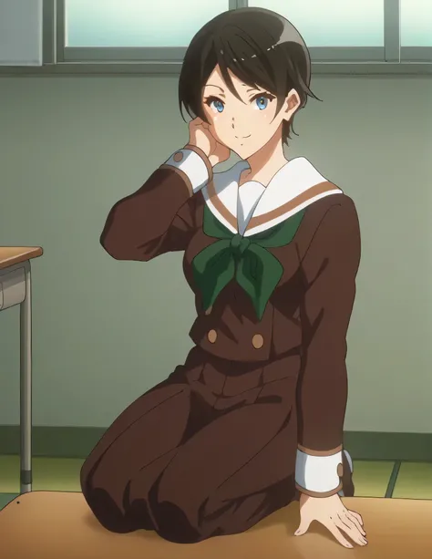 score_9, score_8_ up, score_7_ up, score_6_ up, score_5_ up,  Source_Anime, rating_safe, medium breasts,  One girl , Alone, indoor, classroom,  medium breasts, suzuki mirei ,  Shorthair,  hair between eyebrows,  blue eyes,  school uniform, Sera Clothing, B...