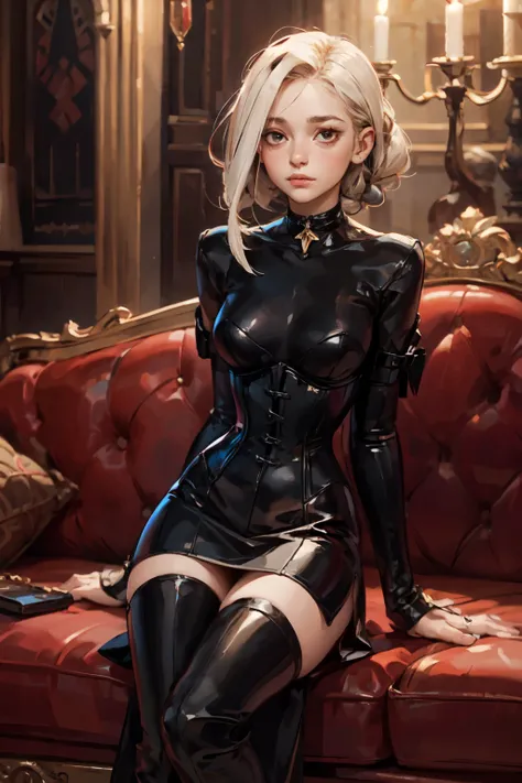 
portrait of a cute Aztec girl with short hair, braids and white highlights, wide cheeks, pointy chin, young, red eyes, in a black neck-high leather dress with choker, a corset and thigh-high boots. Sitting on a sofa in a medieval Spanish living room.
