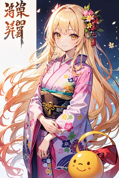 Blonde,Yellow Eyes, cute,New Year, brown,  kimono ,1 semi-long girl,  smiles, ribbon,  simple background, Only the tips of the hair are light pink, long hair,  high res,  anatomically correct, masterpiece,  wins numerous awards, 最high quality,  high detail...