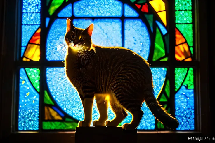 araffe silhouette of a cat in front of a  stained glass window,  Eugenius Zacks Mosaic ,  Pixabay Contest Winners, Art Nouveau, on a  stained glass window, maxim verehin  stained glass, backlit  stained glass,  stained glass art,  Cat Silhouettes ,  staine...