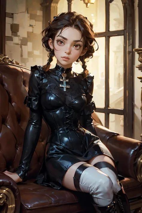 portrait of a cute Aztec girl with short hair, braids and white highlights, wide cheeks, pointy chin, young, red eyes, in a black neck-high leather dress with choker, a corset and thigh-high boots. Sitting on a sofa in a medieval Spanish living room.