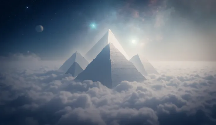 A dreamlike scene of pyramids floating in a celestial space.
