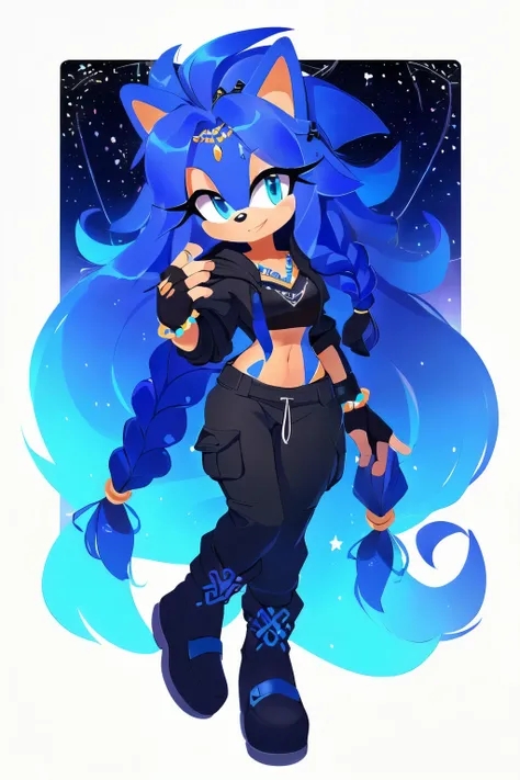 Sonic oc, Mobian, female, sonic the hedgehog but female, Cosmic hedgehog, A beautiful light blue hedgehog, purplish blue eyes, very long hair/quills, braided and beaded long hair bangs, long streaks of hair on each side of her face, (star constellation on ...