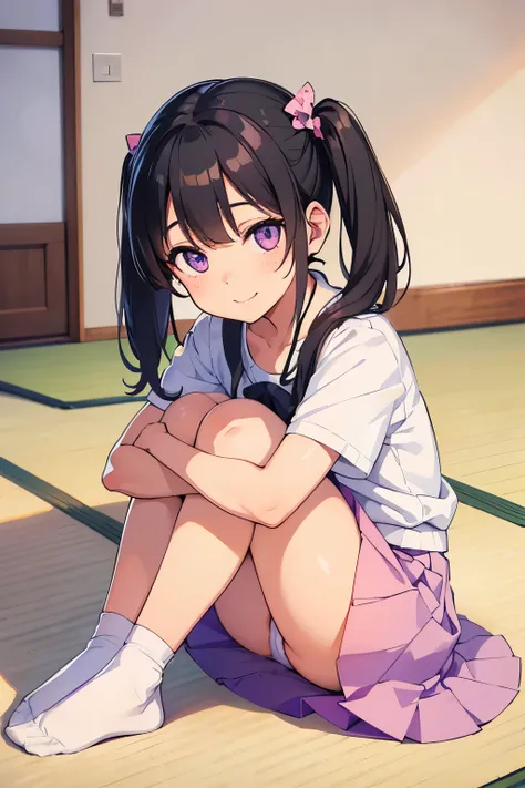 A young schoolgirl, around , with short black hair in twin tails, purple eyes, and a cheerful smile, wearing a black short-sleeved t-shirt and a light blue pleated skirt. Her white panties with pink polka dots are visible as she sits on a tatami mat floor ...