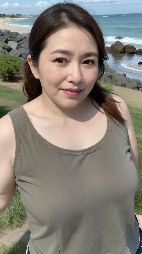  Aunt Osaka、Organic Photography、 Best Quality 、masterpiece、 Ultra HD、 Beautiful old lady、[50 years old、 an elegant face ， wear a brightly colored sports vest， dark gray tight shorts ， severely saggy breast contours ， ponytail， real skin texture ，（（Lie on a...