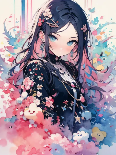 solo,pastel red color side rolling hair, forehead,white and black sharps pierrot clothe,painting: 1.2、watercolor:1.2, The Art of Mathematics, Official Art, Masterpiece , beautiful, ((watercolor)), paint splashes , complex details,very detailed, [Drooping:0...