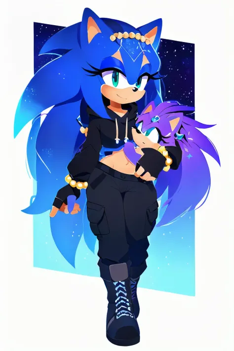 Sonic oc, Mobian, female, sonic the hedgehog but female, Cosmic hedgehog, A beautiful light blue hedgehog, purplish blue eyes, very long hair/quills, braided and beaded long hair bangs, long streaks of hair on each side of her face, (star constellation on ...