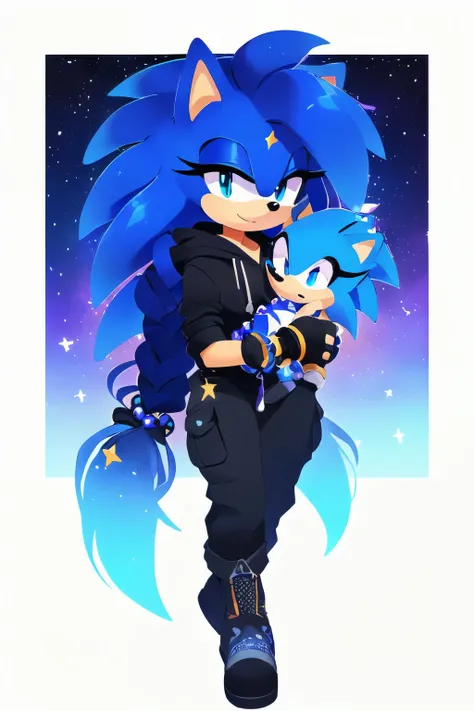 Sonic oc, Mobian, female, sonic the hedgehog but female, Cosmic hedgehog, A beautiful light blue hedgehog, purplish blue eyes, very long hair/quills, braided and beaded long hair bangs, long streaks of hair on each side of her face, (star constellation on ...
