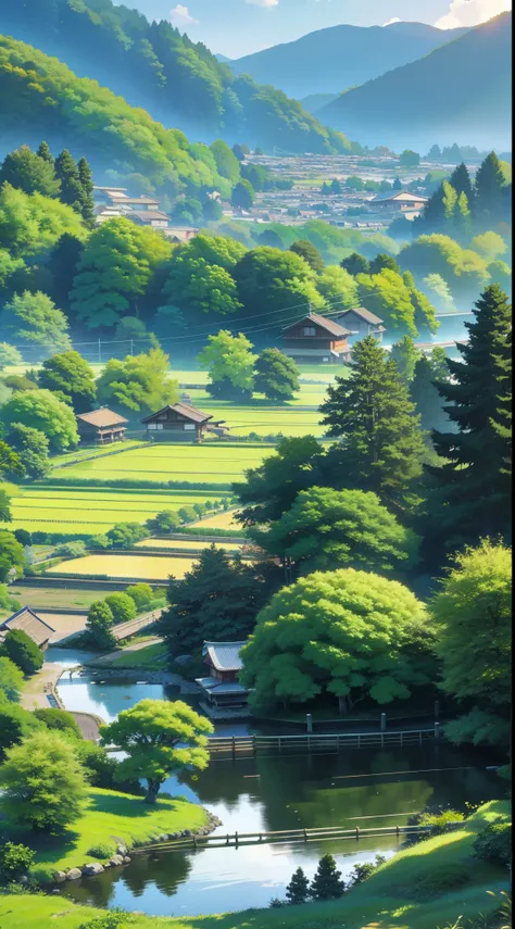 Japanese countryside, japanese village, traditional house, forest, tree, rice field, bustling people, farmer, field path, water