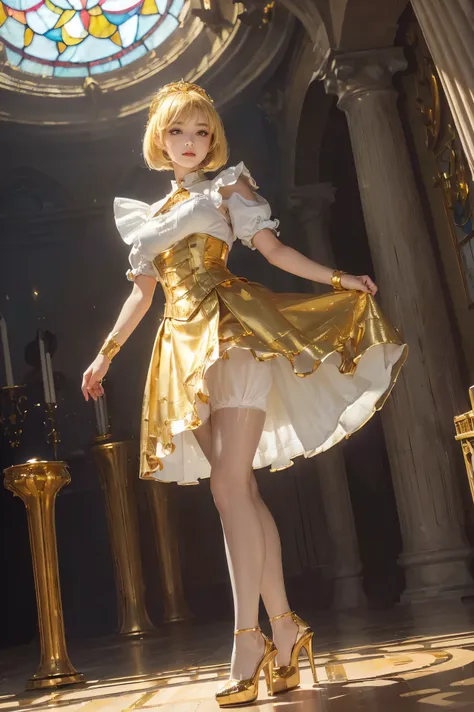 (Absurdly, High Quality  ,  very detailed,32K、 high image quality、Ultra HD、 golden ratio face 、 realistic 、 complicated、 high detail、 ULTRA HIGH RESOLUTION)、((( standing、Skirt Up1.5、 fluffy skirt)))、((( yellow hair、 one length、Bob Haired Maid)))、(((Sheer O...