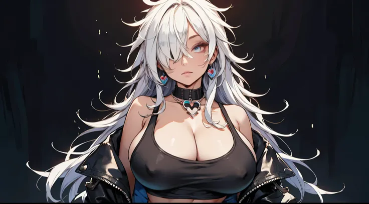 girl, hand covering one eye, off-shoulder cropped jacket, leather jacket, navel, long hair, hair over one eye, messy hair, (gigantic breasts:1.4), looking at viewer, mysterious, deep stares, heart-shaped earring, leather choker, detached collar, tank top, ...