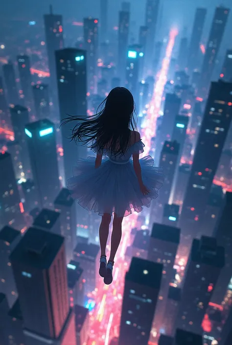  Anime Style, a beautiful girl flies above the clouds,  below you can see a city of many houses , view from the top of the girls head ,                                            
 Camera type: dslr.

Camera lens : 95mm.

 time of day : Night.

 Photograph...