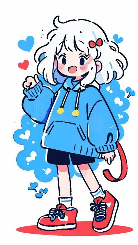 masterpiece,girl having ling white hair dressed up as furina from genshin impact, wearing  a blue hoodie, looking at the camera smiling