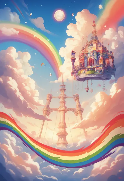 there is a Rainbow in the sky with stars and clouds, Digital art by Marie Bashkirtseff,  Unsplash ,  magical realism, Fantasy Rainbow, Rainbow in the sky,  still image of the rainbow offanim ,  octane render a rainbow  , Moon Rainbow,  Rainbow Spiritual Ni...