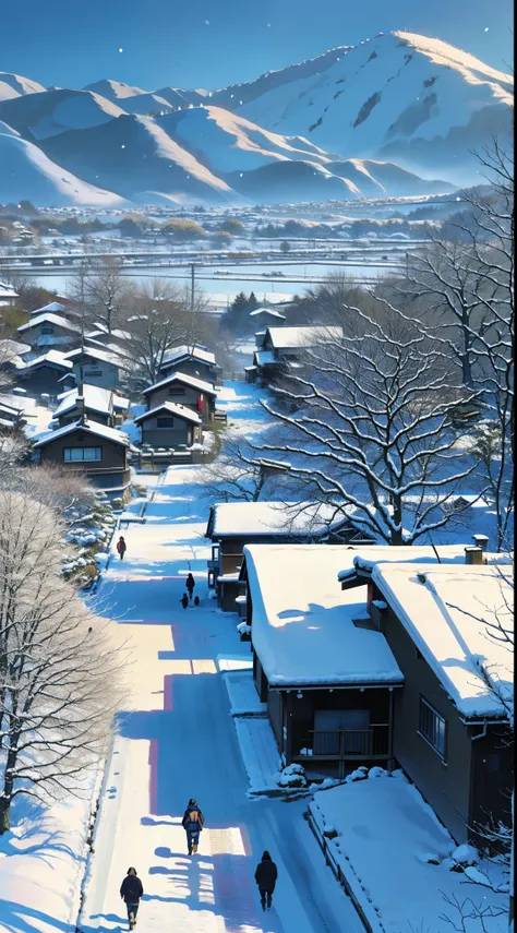 Japanese countryside, japanese village, traditional house, forest, tree with snow, village, bustling people, people walking, field path, snow season