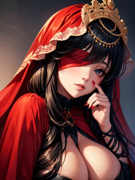 An elegant chubby woman, wearing a red veil covering her eyes, places her fingers on her lips, symbolizing silence. Her nails were long and painted bright red. The background is solid black