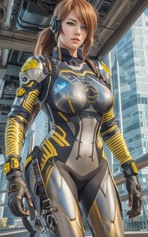 ((Best Quality)), ((masutepiece)), (Detailed: 1.4), (Absurd), Caucasian female fighter pilot ready for war, front walking, muscular sculptural body defined, Closed mouth, muscular body covered by technological clothing, Cyberpunk, ((perfect large breasts))...