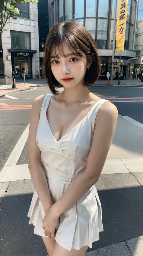 ((8K:1.27)、top-quality、​masterpiece、超A high resolution:1.2)Photo Beautiful Japan woman(pleasing:1.1) Elegance、There is a good、Gradient lighting、1girl in、Delicate skin、Look here、Brown-eyed、(short hair with bangs:1.2)、(breasts are large:1.0)、(medium areola:0...