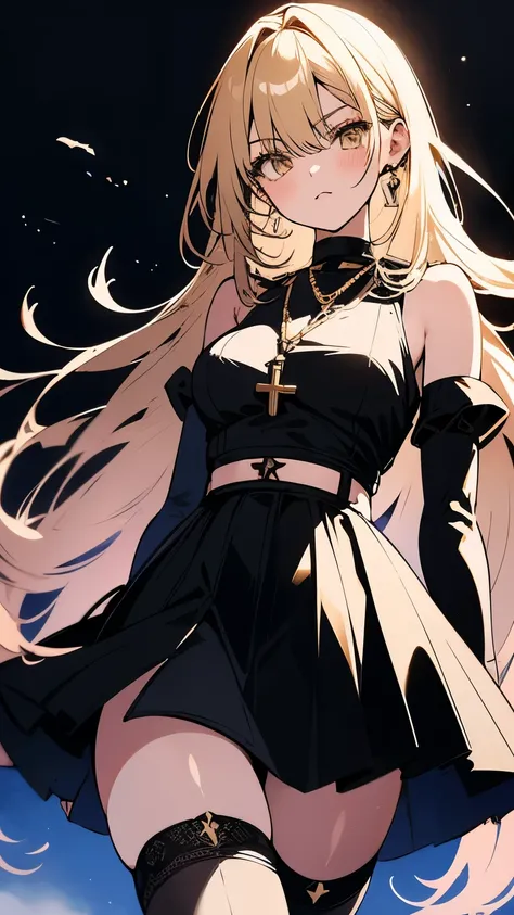 Adult saber from fate; up to down perspective; beautiful thighs and legs; cute pose; staring on sky; mini-skirt; full stockings; aesthetic; bohemian; realistic; skinny fit; emo; ; night church background; Dark fantasy ; focus on hips; goddess; solo girl; e...