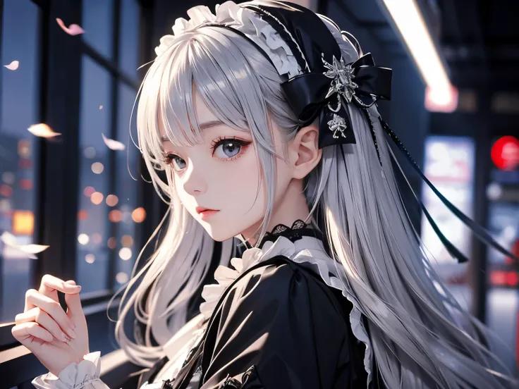 Japanese women、clear、cute、 silver hair long、 Gothic Lolita 、Maid