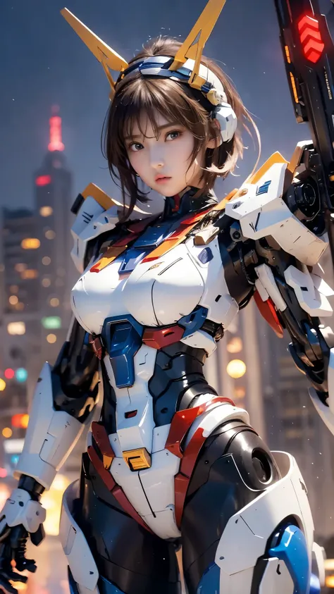 textured skin , super detailed , attention to detail, High Quality , 最 High Quality , high res, 1080P, hard disk , beautiful,(Gundam Girl), beautifulサイボーグの女性, mecha cyborg girl,BATTLE MODE,Japanese girl with a machine body 、Moderate bust、 black hair...