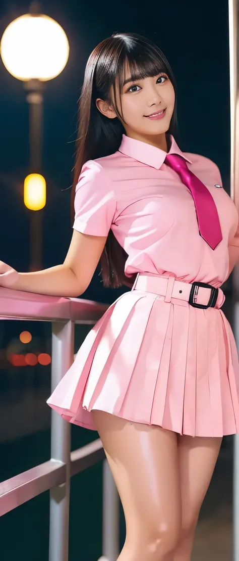  pure idol girl、、Tanned Thick Legs 、、、latex pleated miniskirt uniform（Fluorescent Pink）、Cool Belt、Good style、A pure girls face、Beautiful night view