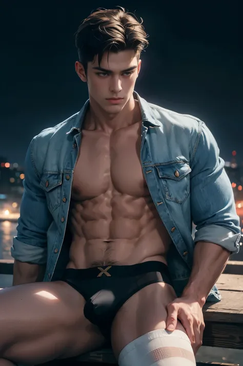 (8K, RAW photo, Highest quality),Realistic,1 man,frontage，Intricate details,Closed mouth,Extremely detailed eyes and eyelashes，Delicate headgear，Muscular male,Manly,looks away,Male focus,Solo, wearing jean jacket，button opened, Exposing the pectoral muscle...